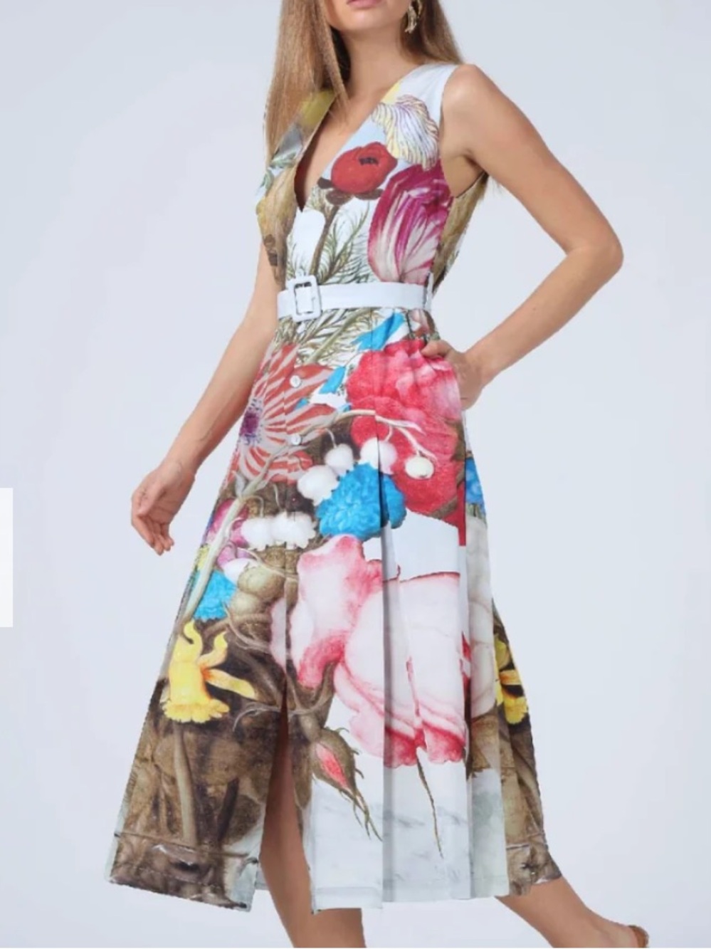 Gracie Floral V-Neck Midi Dress with Belt - Multicolor